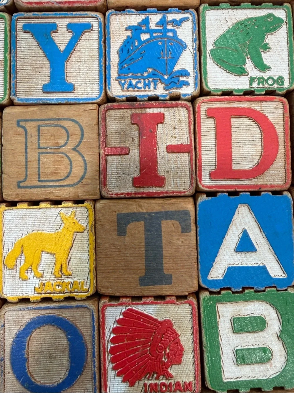 Vintage Antique Wooden Children's Toy Alphabet 43 Blocks Distressed 4 Sided